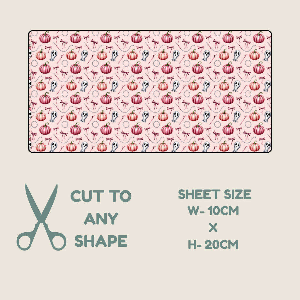 Tubie tape with a repeating autumn pattern of pumpkins, leaves, and small birds on a pale pink background, shown with text indicating sheet size 10cm by 20cm and the ability to cut to any shape.