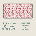 Tubie tape with a repeating autumn pattern of pumpkins, leaves, and small birds on a pale pink background, shown with text indicating sheet size 10cm by 20cm and the ability to cut to any shape.