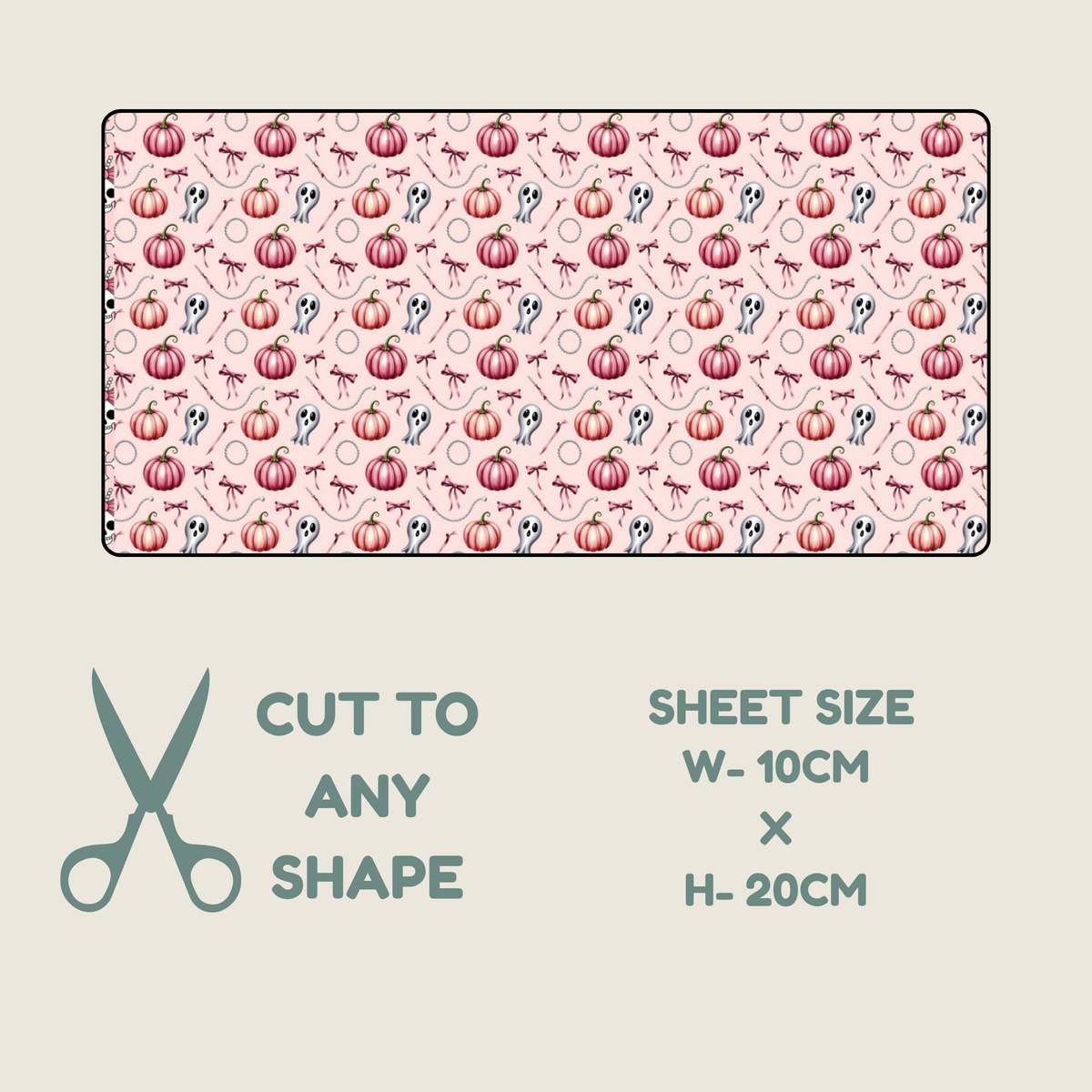 Tubie tape with a repeating autumn pattern of pumpkins, leaves, and small birds on a pale pink background, shown with text indicating sheet size 10cm by 20cm and the ability to cut to any shape.