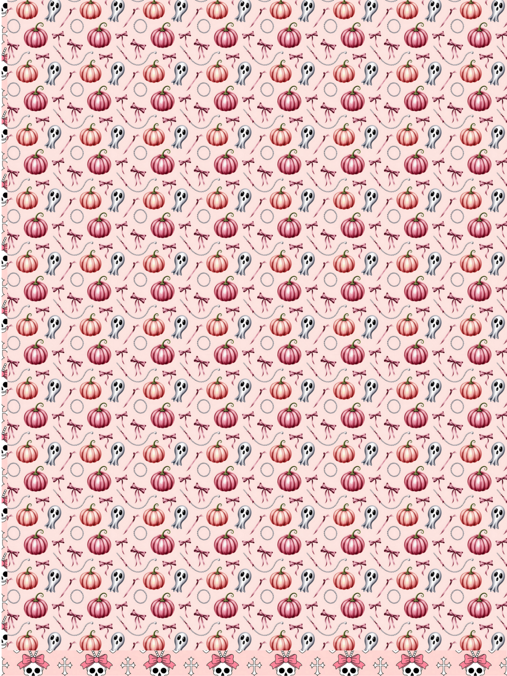 Tubie tape with a repeating autumn-themed pattern featuring small orange pumpkins, pink spiderwebs, gray and black cats, and light pink circles on a pale pink background, with a decorative border of pumpkins and spiderwebs along the bottom edge.