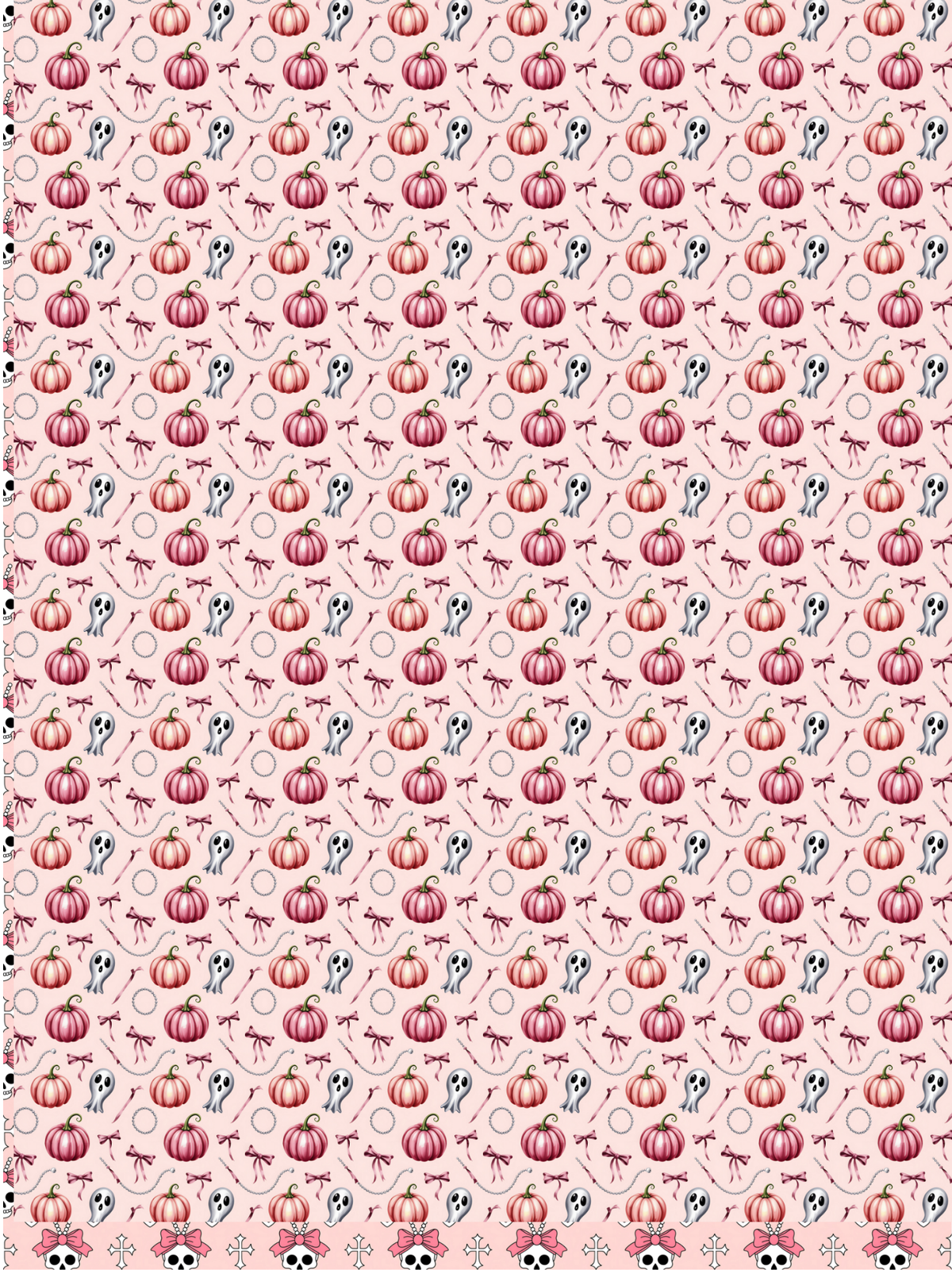 Tubie tape with a repeating autumn-themed pattern featuring small orange pumpkins, pink spiderwebs, gray and black cats, and light pink circles on a pale pink background, with a decorative border of pumpkins and spiderwebs along the bottom edge.