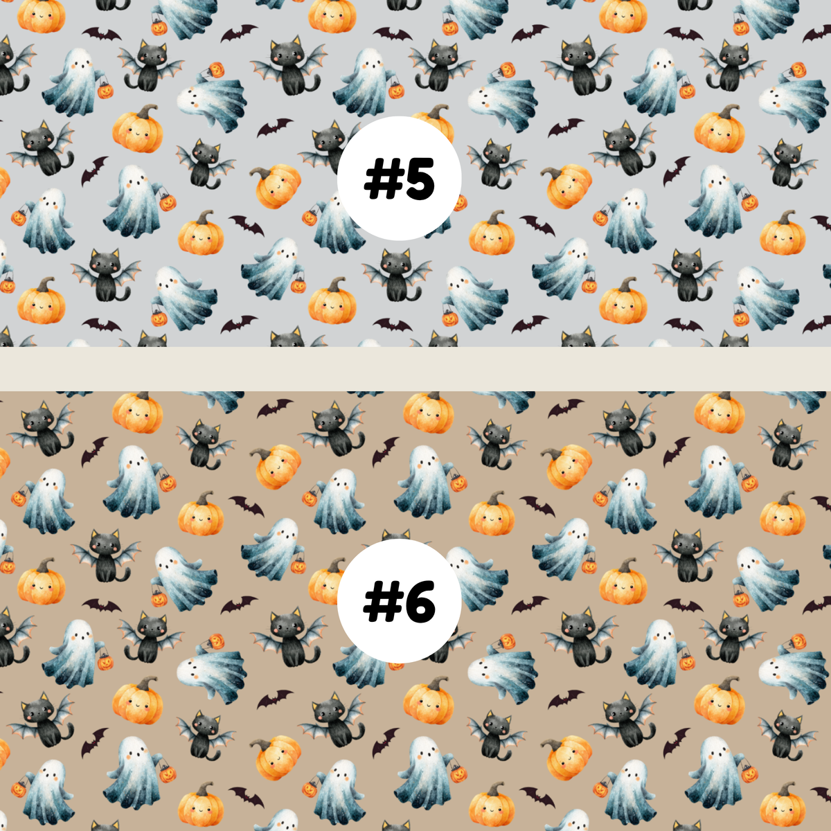 Two Halloween-themed repeating pattern swatches labeled #5 and #6. The top pattern #5 has a grey background with black cats, white ghosts, orange pumpkins, and small black bats.
 The bottom pattern #6 has a deep beige background with black cats, white ghosts, orange pumpkins, and small black bats.