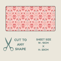 pink Tubie tape with a repeating bow, ribbon, and small face motif, shown on a light beige background with text reading 'CUT TO ANY SHAPE' and 'SHEET SIZE W-10CM x H-20CM'.