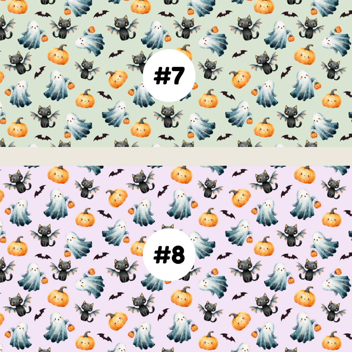 Two Halloween-themed repeating pattern swatches labeled #7 and #8. The top pattern #7 has a mint green background with black cats, white ghosts, orange pumpkins, and small black bats.
 The bottom pattern #8 has a light lilac background with black cats, white ghosts, orange pumpkins, and small black bats.