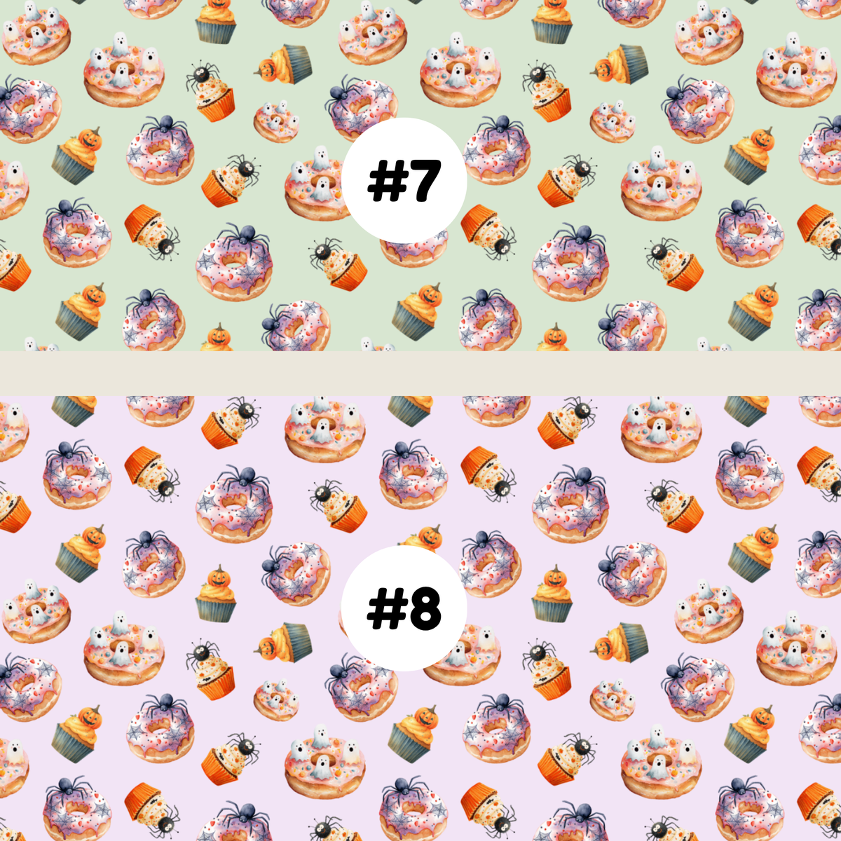 Two Halloween-themed repeating pattern swatches labeled #7 and #8. #7 pattern has a green background with orange, purple, and brown spooky donuts, cupcakes, spiders, and ghosts.
 #6 pattern has a light lilac background with orange, purple, and brown spooky donuts, cupcakes, spiders, and ghosts.