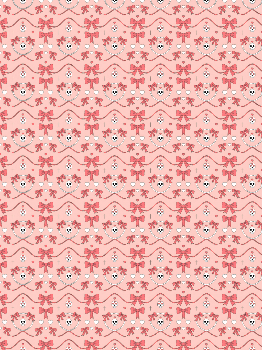 Tubie tape with a repeating repeating pattern of pink bows, small white skulls with black eyes, and wavy pink lines on a light pink background.
