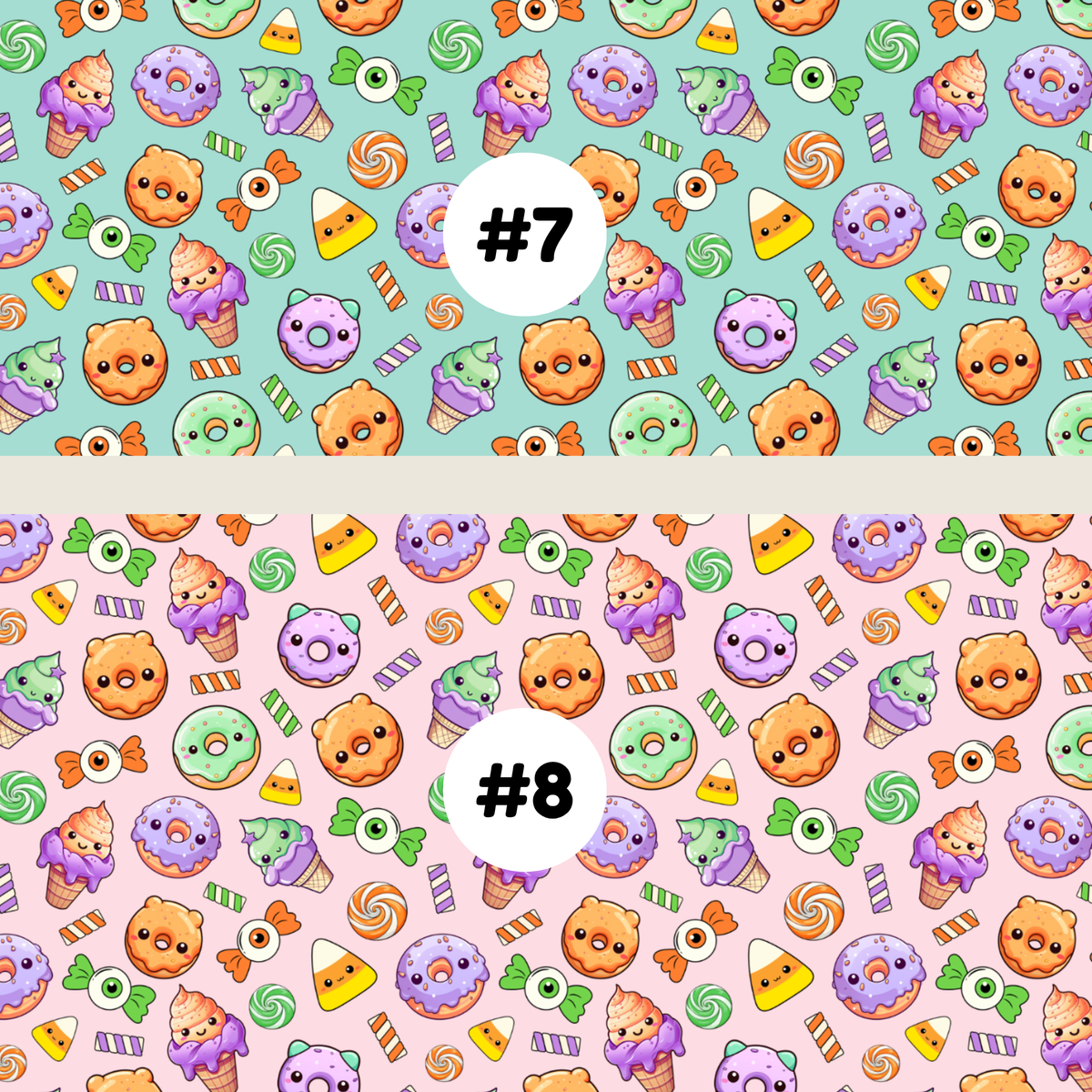 Two repeating candy-themed pattern swatches labeled #7 and #8. The top swatch #7 has a mint green background with small illustrated treats including donuts, lollipops, ice cream cones, candy corn, and ghosts in pastel colors.
the bottom swatch #8 pale pink background with small illustrated treats including donuts, lollipops, ice cream cones, candy corn, and ghosts in pastel colors.