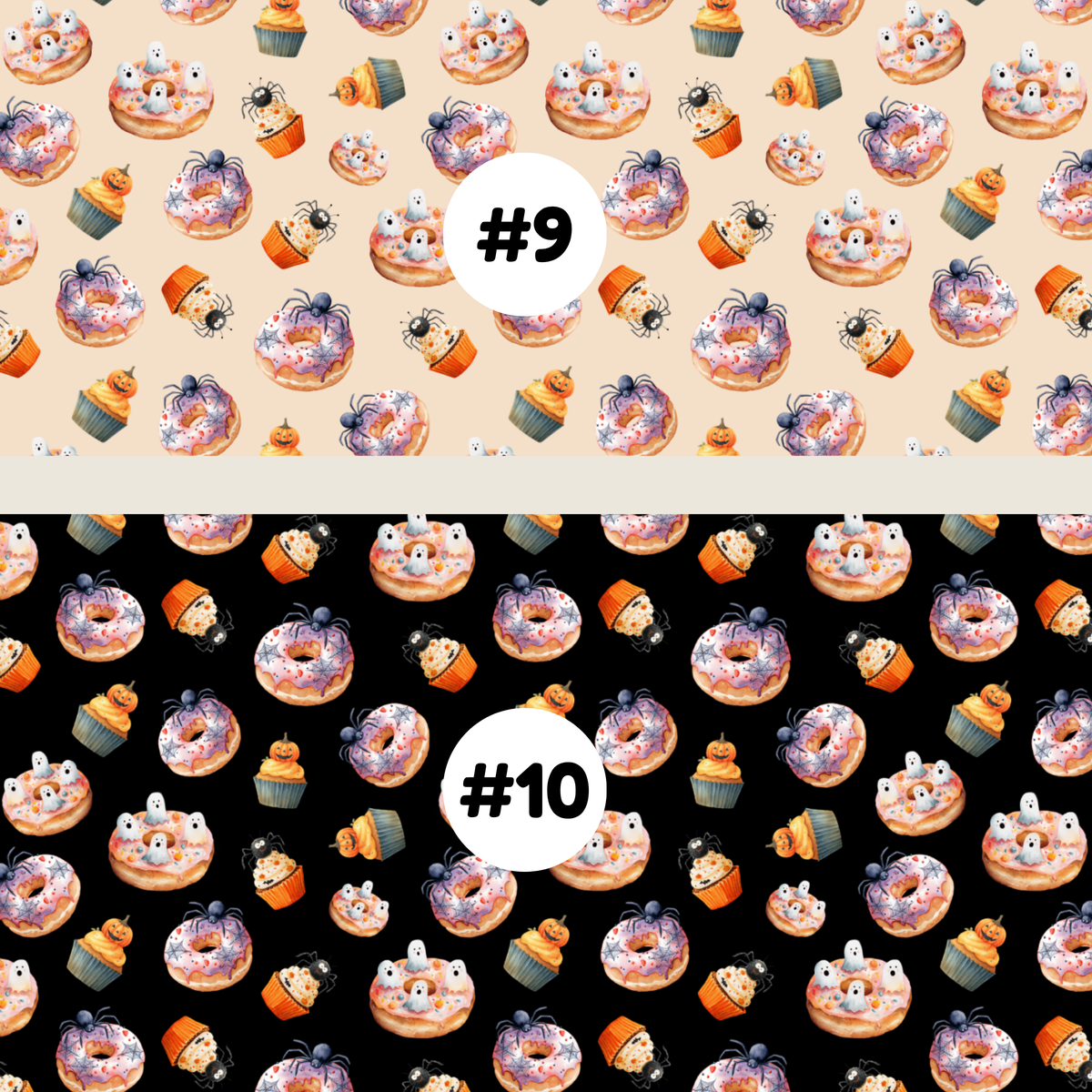Two Halloween-themed repeating pattern swatches labeled #9 and #10. #9 pattern has a cream background with orange, purple, and brown spooky donuts, cupcakes, spiders, and ghosts.
 #10 pattern has a black background with orange, purple, and brown spooky donuts, cupcakes, spiders, and ghosts.
