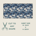 Halloween Tubie tape with a repeating bat-and-floral pattern in blue, white, and gray, shown on a light beige background with text reading 'CUT TO ANY SHAPE' and 'SHEET SIZE W-10CM X H-20CM'.