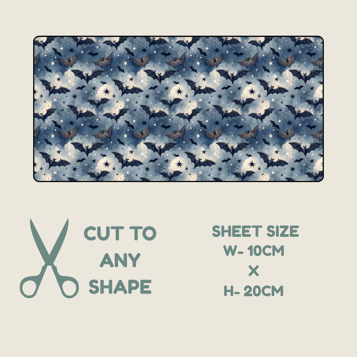 Halloween Tubie tape with a repeating bat-and-floral pattern in blue, white, and gray, shown on a light beige background with text reading 'CUT TO ANY SHAPE' and 'SHEET SIZE W-10CM X H-20CM'.