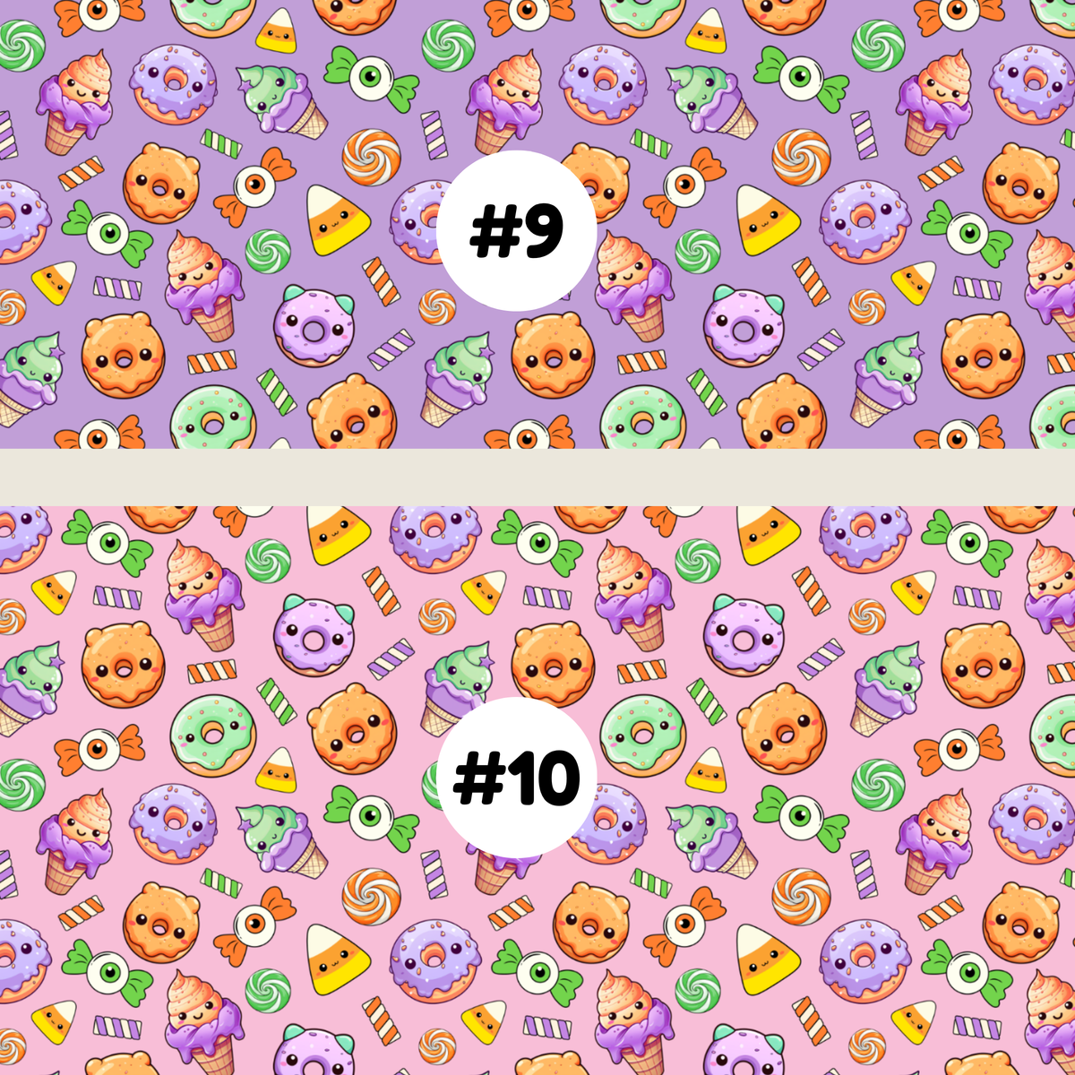Two repeating candy-themed pattern swatches labeled #9 and #10. The top swatch #9 has a purple background with small illustrated treats including donuts, lollipops, ice cream cones, candy corn, and ghosts in pastel colors.
the bottom swatch #10 has a pink background with small illustrated treats including donuts, lollipops, ice cream cones, candy corn, and ghosts in pastel colors.