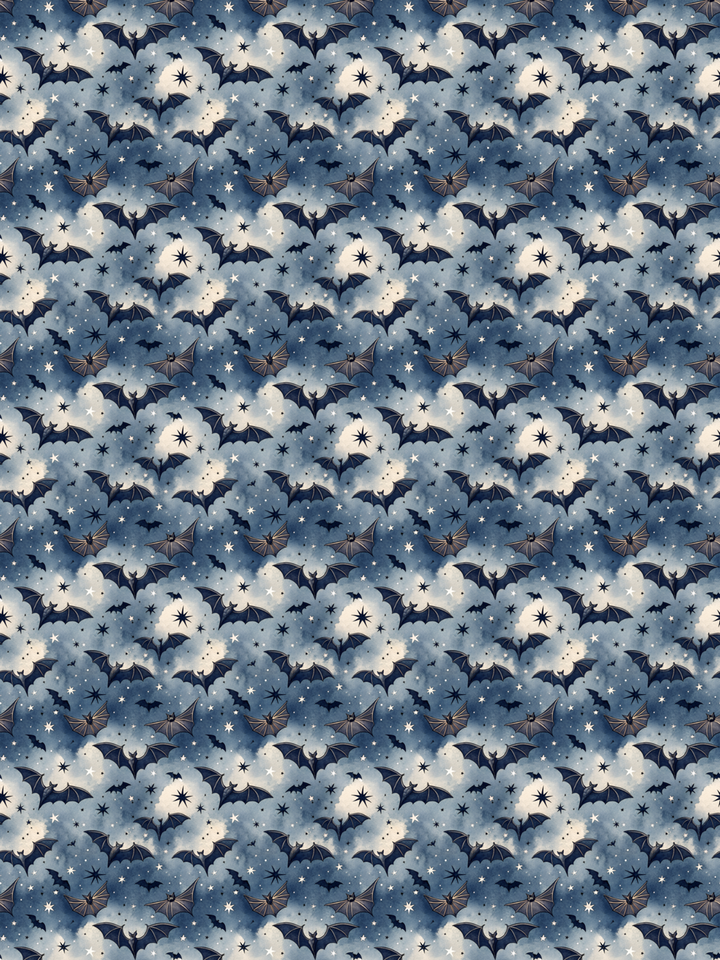 Tubie tape with a repeating Halloween-themed pattern featuring numerous black bats flying through light blue and white clouds with small stars.
