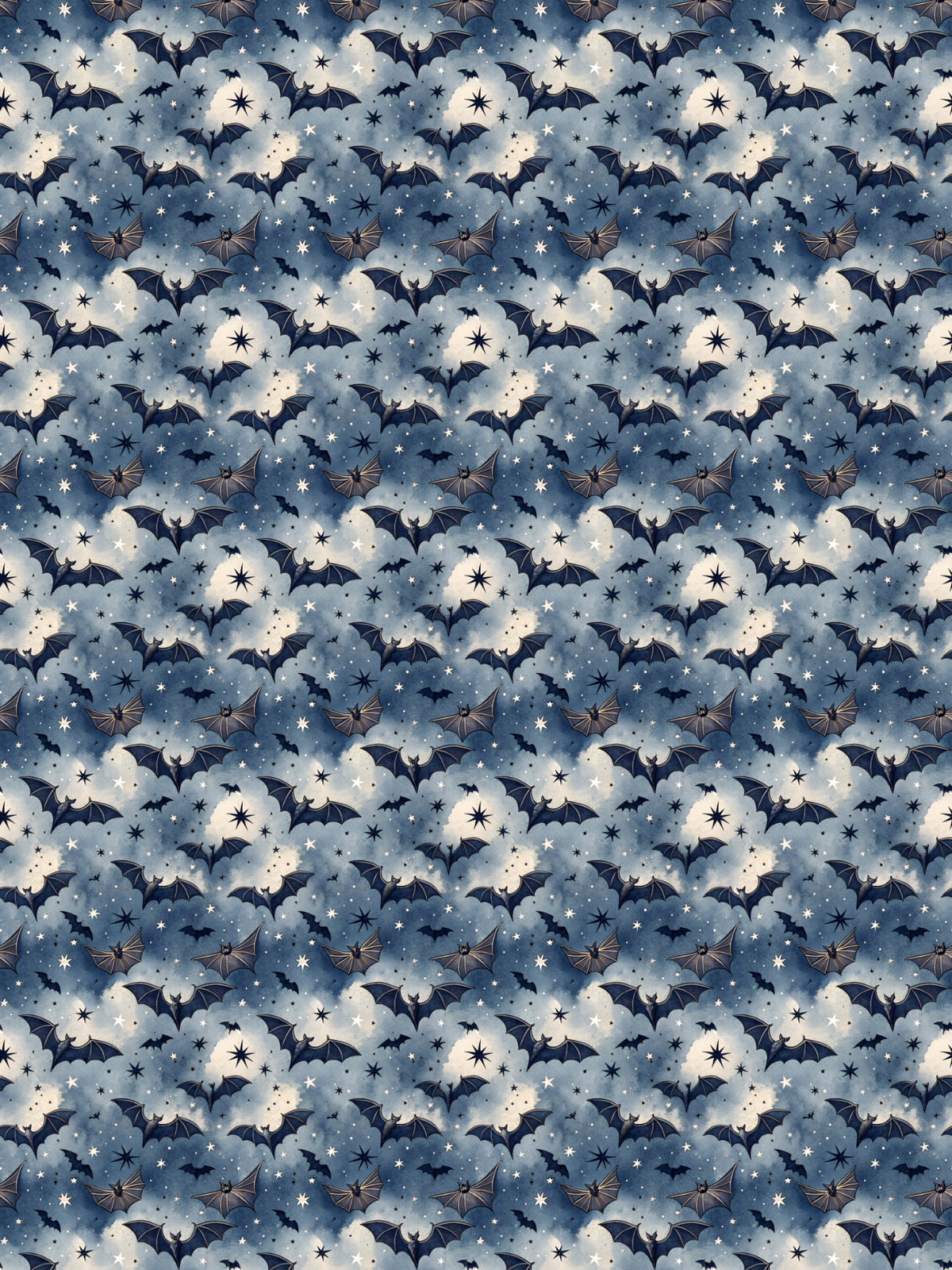 Tubie tape with a repeating Halloween-themed pattern featuring numerous black bats flying through light blue and white clouds with small stars.