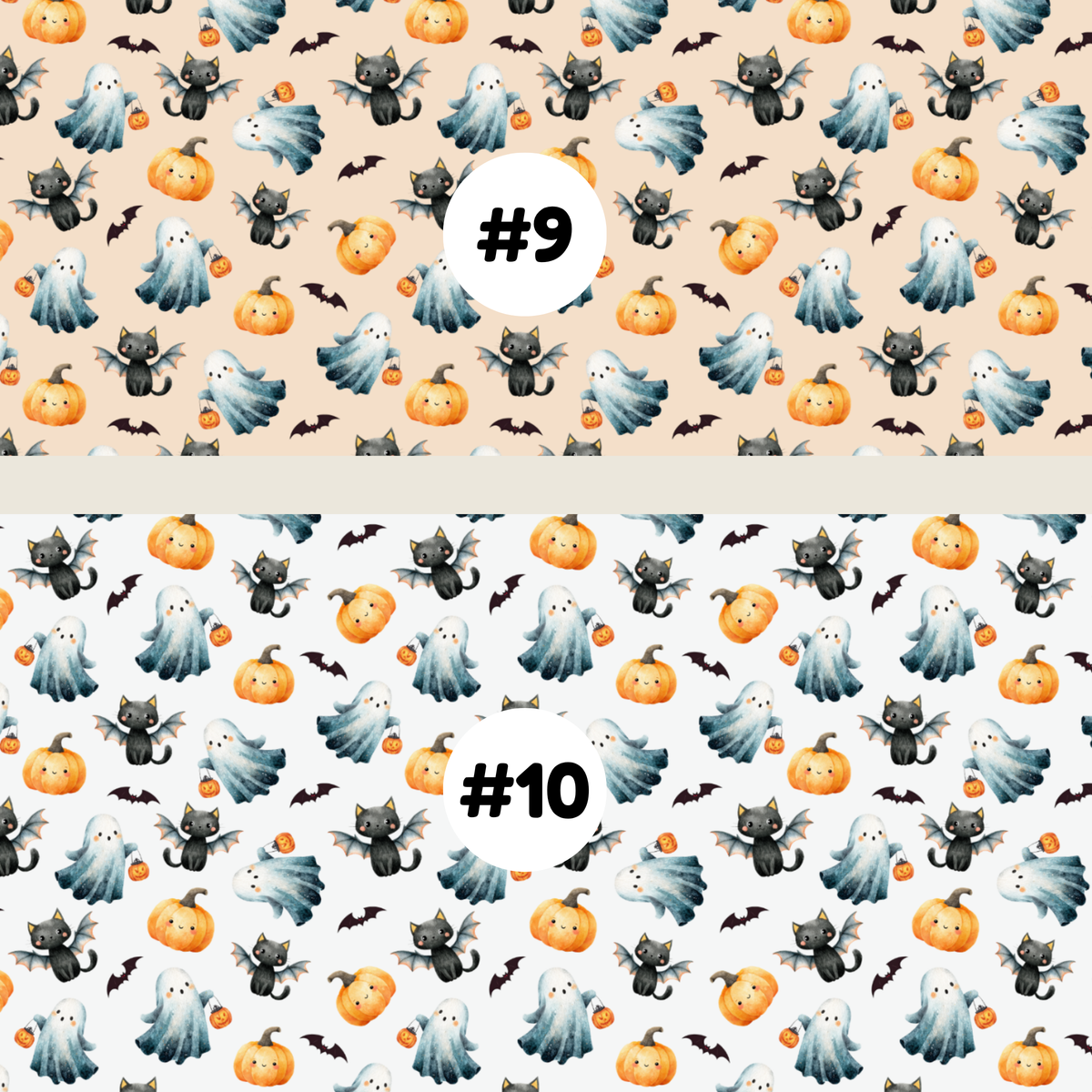 Two Halloween-themed repeating pattern swatches labeled #9 and #10. The top pattern #9 has a peach background with black cats, white ghosts, orange pumpkins, and small black bats.
 The bottom pattern #10 has a white background with black cats, white ghosts, orange pumpkins, and small black bats.