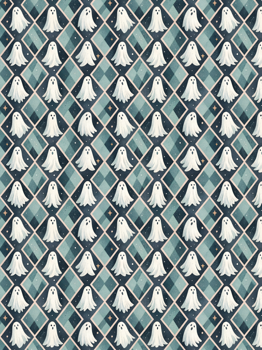 Halloween Tubie tape with a repeating Halloween pattern featuring white cartoon ghosts over a teal and navy diamond argyle background with small gold stars.