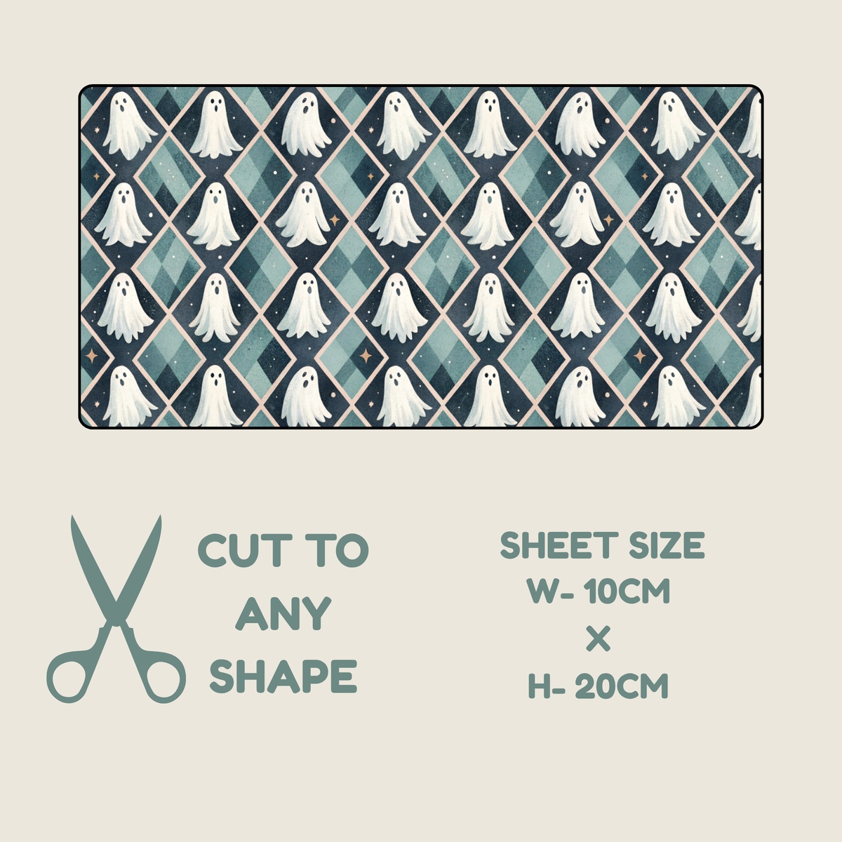 Halloween Tubie tape with a rectangular fabric or paper sheet with a repeating ghost and diamond pattern in teal, navy, and white, shown on a light beige background with text reading 'CUT TO ANY SHAPE' and 'SHEET SIZE W-10CM x H-20CM'.