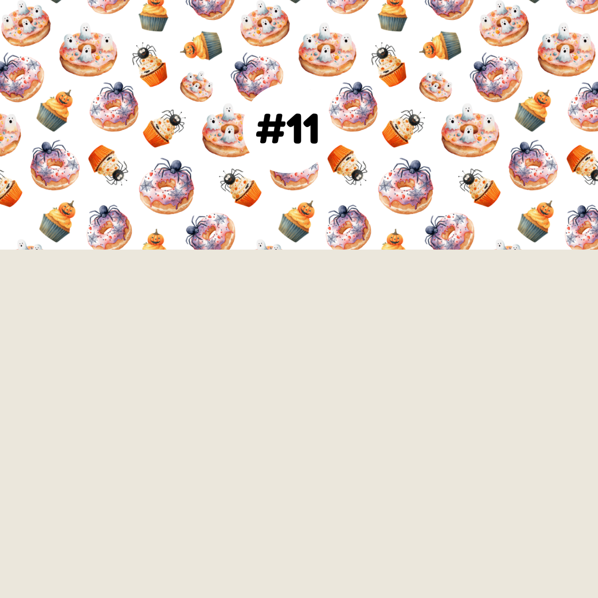 A fabricr swatch preview showing a repeating Halloween-themed pattern on the top half .The pattern features cute cartoon donuts, spiderwebs, pumpkins, and ghosts in orange, purple, and green, on a white background colour