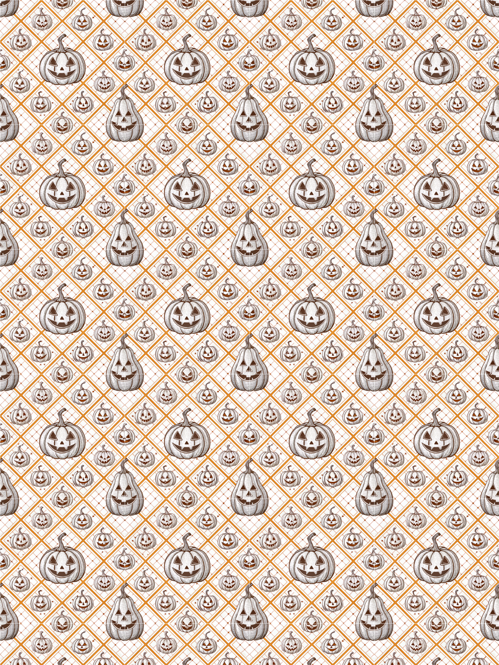 Halloween Tubie tape with a  repeating Halloween pattern featuring carved jack-o'-lantern pumpkins arranged in rows over a white background with a thin orange diamond grid.