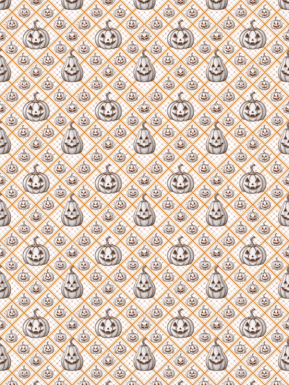 Halloween Tubie tape with a  repeating Halloween pattern featuring carved jack-o'-lantern pumpkins arranged in rows over a white background with a thin orange diamond grid.