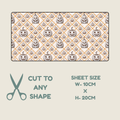 Halloween Tubie tape with a repeating Halloween pumpkin pattern in orange, black, and white, shown on a light beige background with text indicating cut size and sheet dimensions.