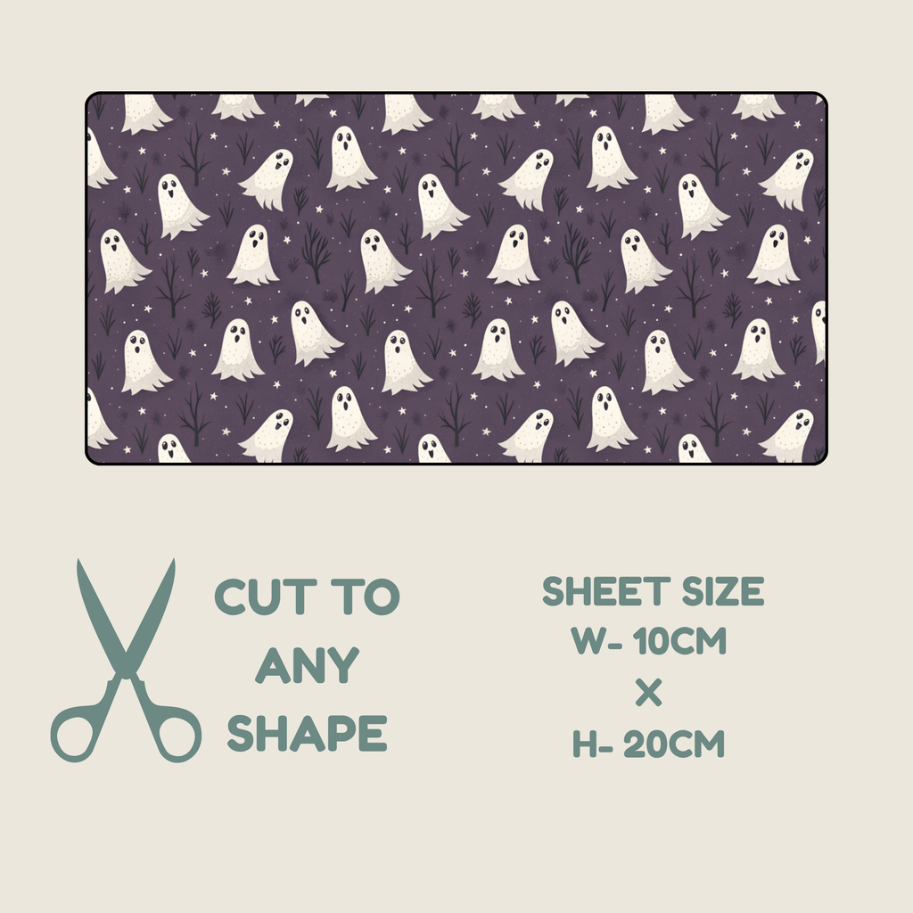 Halloween Tubie tape with a repeating ghost pattern on a dark purple background, shown with text reading 'CUT TO ANY SHAPE' and 'SHEET SIZE W-10CM x H-20CM' on a light beige background.