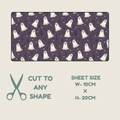 Halloween Tubie tape with a repeating ghost pattern on a dark purple background, shown with text reading 'CUT TO ANY SHAPE' and 'SHEET SIZE W-10CM x H-20CM' on a light beige background.