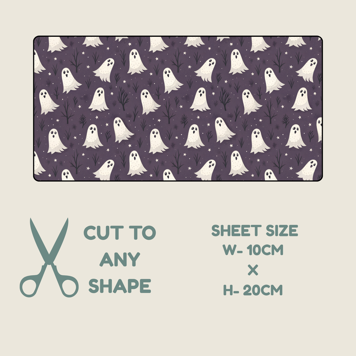 Halloween Tubie tape with a repeating ghost pattern on a dark purple background, shown with text reading 'CUT TO ANY SHAPE' and 'SHEET SIZE W-10CM x H-20CM' on a light beige background.