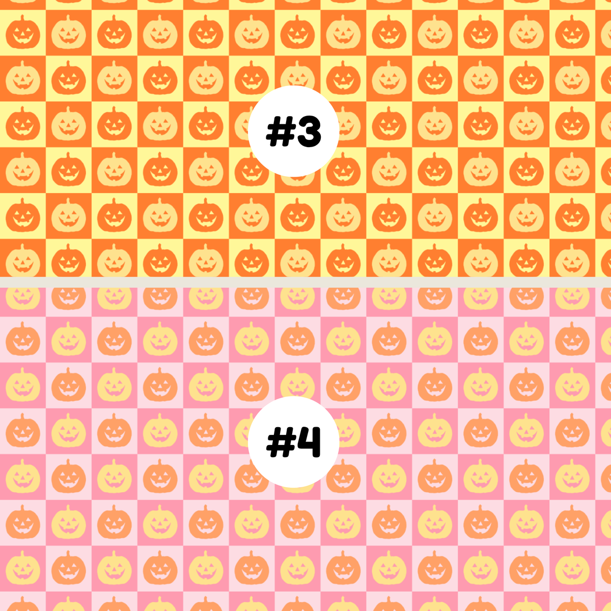 Two tubie tape Halloween-themed checkerboard pattern swatches labeled #3 and #4. The top swatch #3 features yellow and orange pumpkins on a orange and yellow background, while the bottom swatch #4 features orange and yellow pumpkins on a pink background.