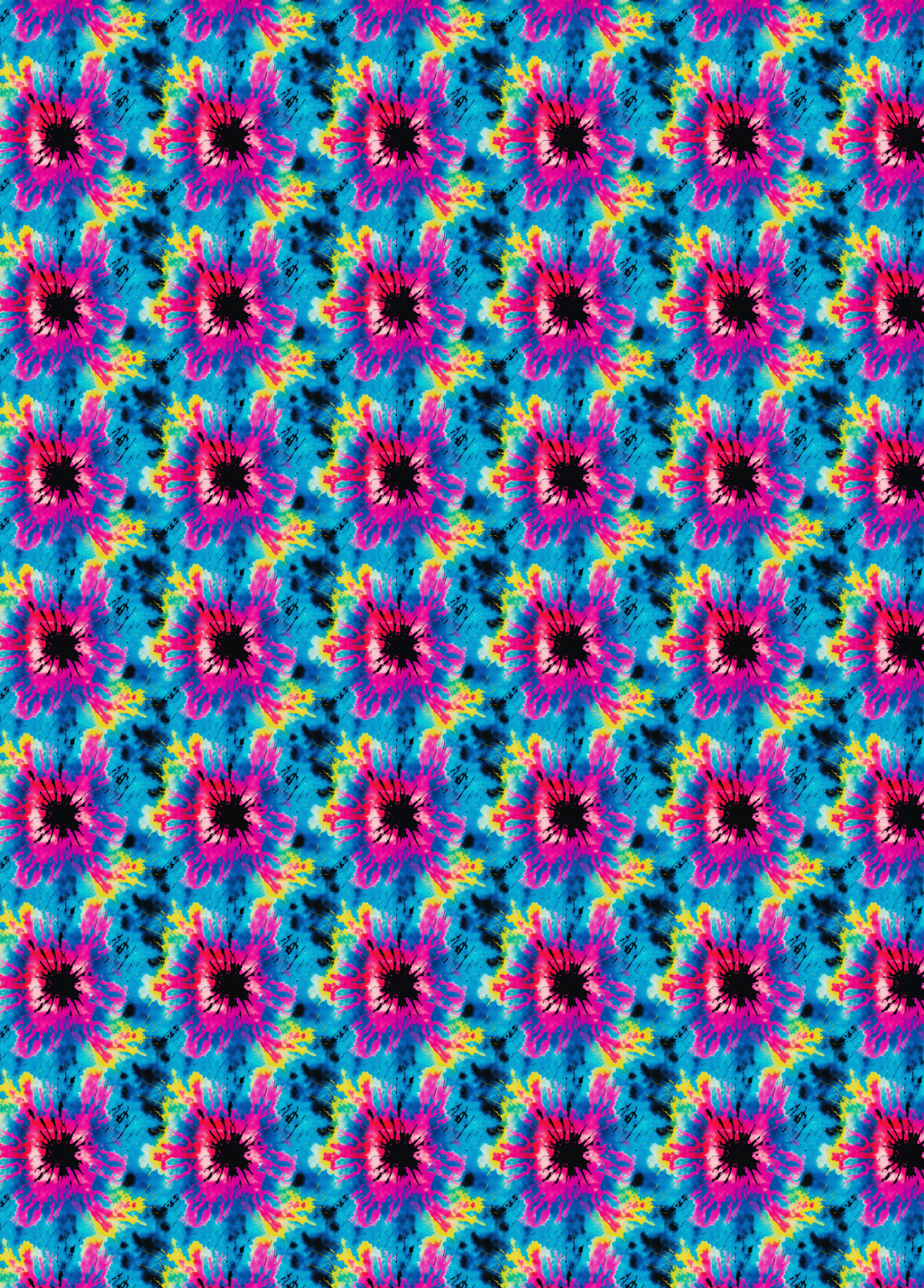 A tubie tape with a seamless repeating pattern featuring vibrant, psychedelic tie-dye floral motifs in pink, yellow, blue, and black.