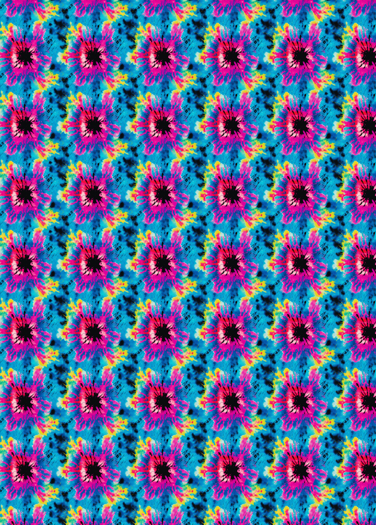 A tubie tape with a seamless repeating pattern featuring vibrant, psychedelic tie-dye floral motifs in pink, yellow, blue, and black.