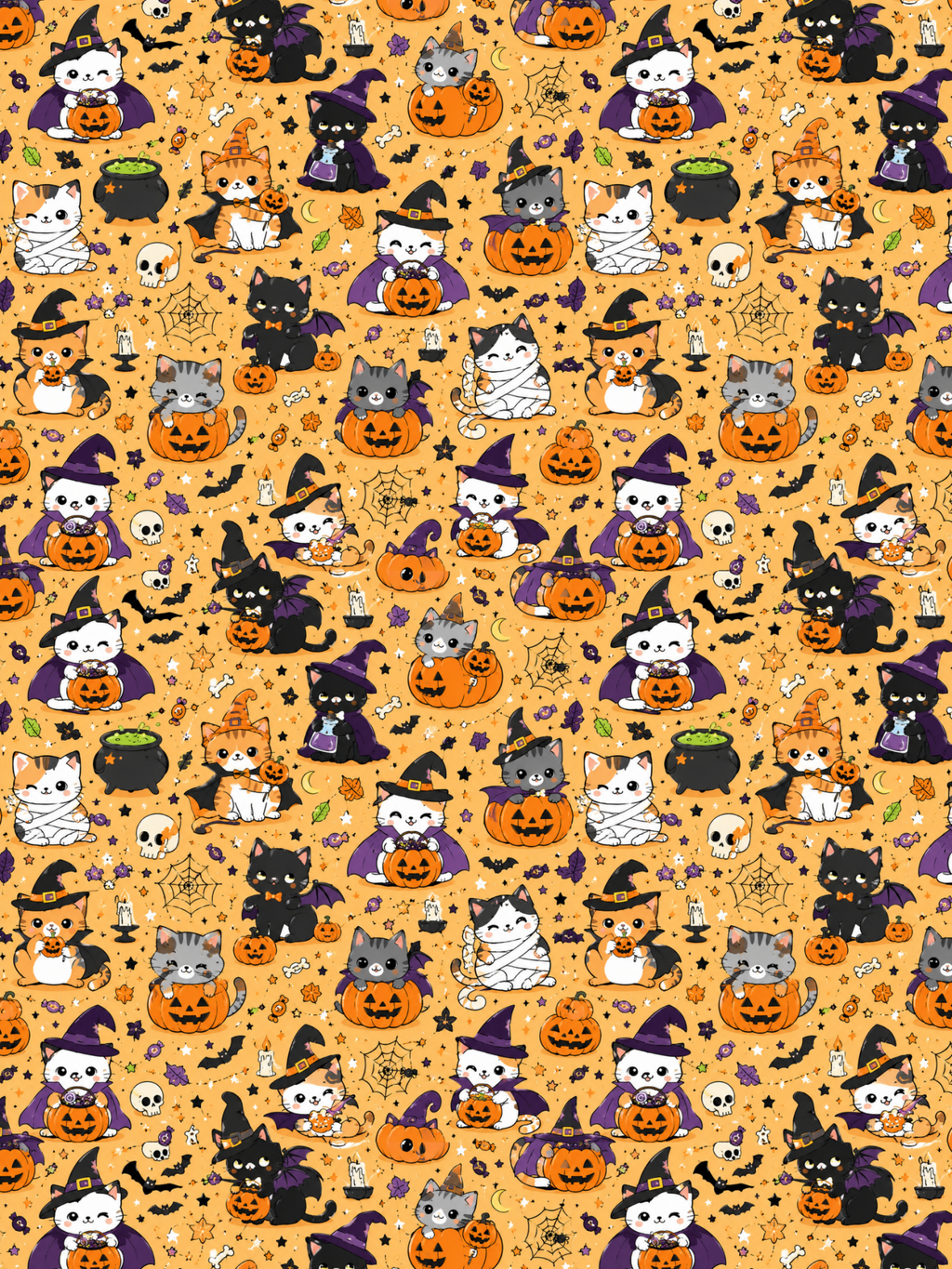 Tubie tape with a repeating pattern Halloween-themed featuring cartoon cats in witch hats, pumpkins, cauldrons, skulls, spiders, and spiderwebs on a warm orange background.