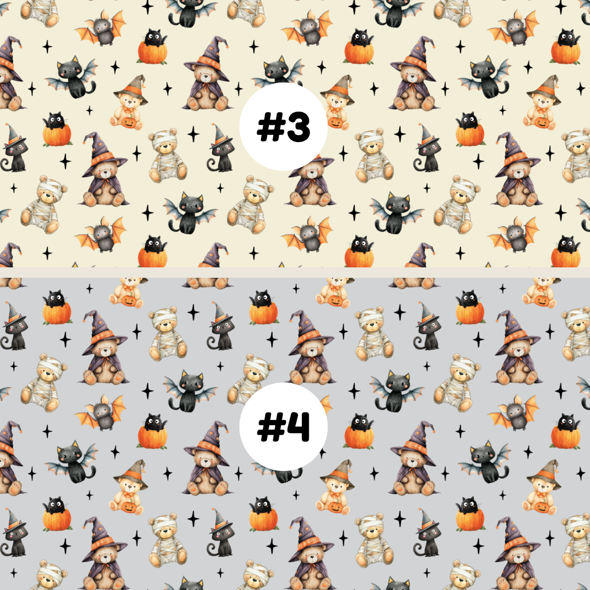 Two Halloween-themed repeating pattern swatches labeled #3 and #4. The top pattern #3 features teddy bears in witch hats, black cats, bats, and pumpkins on a pale cream background.
The bottom pattern #4 features teddy bears in witch hats, black cats, bats, and pumpkins on a grey background.