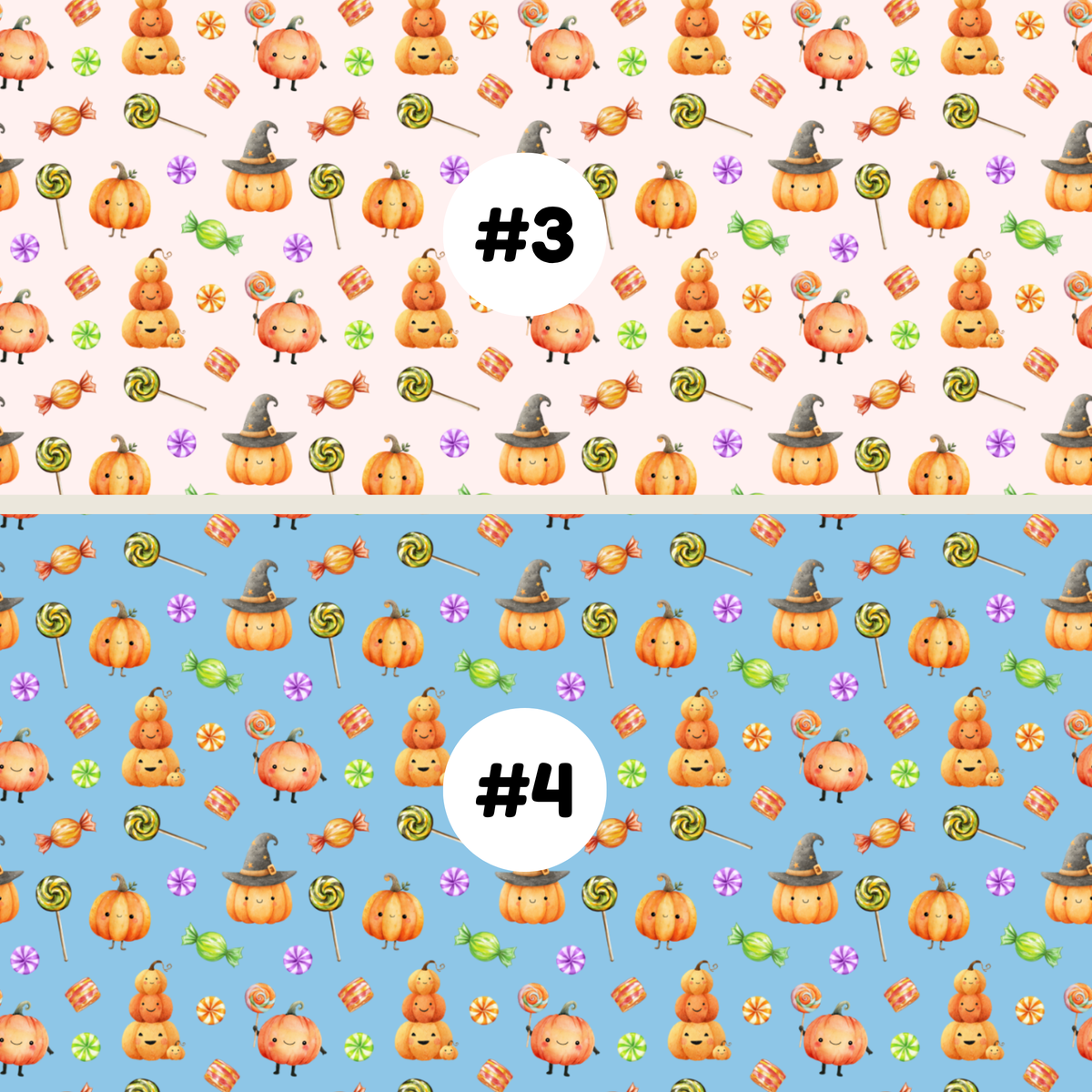 Two Halloween-themed repeating pattern swatches labeled #3 and #4. The top swatch #3 has a light pink background with orange pumpkins, lollipops, sweets, and witch hats.
The bottom swatch #2
4 has a sky blue background with orange pumpkins, lollipops, sweets, and witch hats.