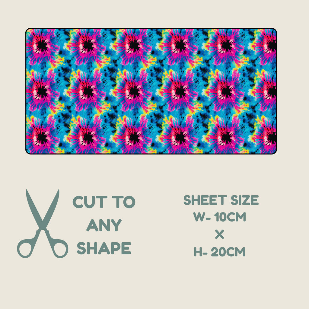 A tubie tape with a seamless repeating pattern featuring vibrant, psychedelic tie-dye floral motifs in pink, yellow, blue, and black.shown on a light beige background with text reading 'CUT TO ANY SHAPE' and 'SHEET SIZE W-10CM x H-20CM'.