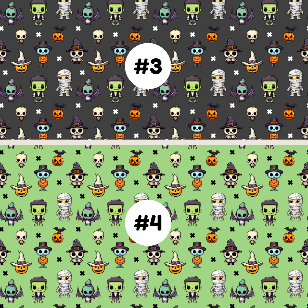 Two Halloween-themed repeating pattern swatches labeled #3 and #4. The top pattern #3 has a dark grey background with cartoon mummies, skulls, bats, ghosts, and pumpkins.
 The bottom pattern #4 has a green background with cartoon mummies, skulls, bats, ghosts, and pumpkins.