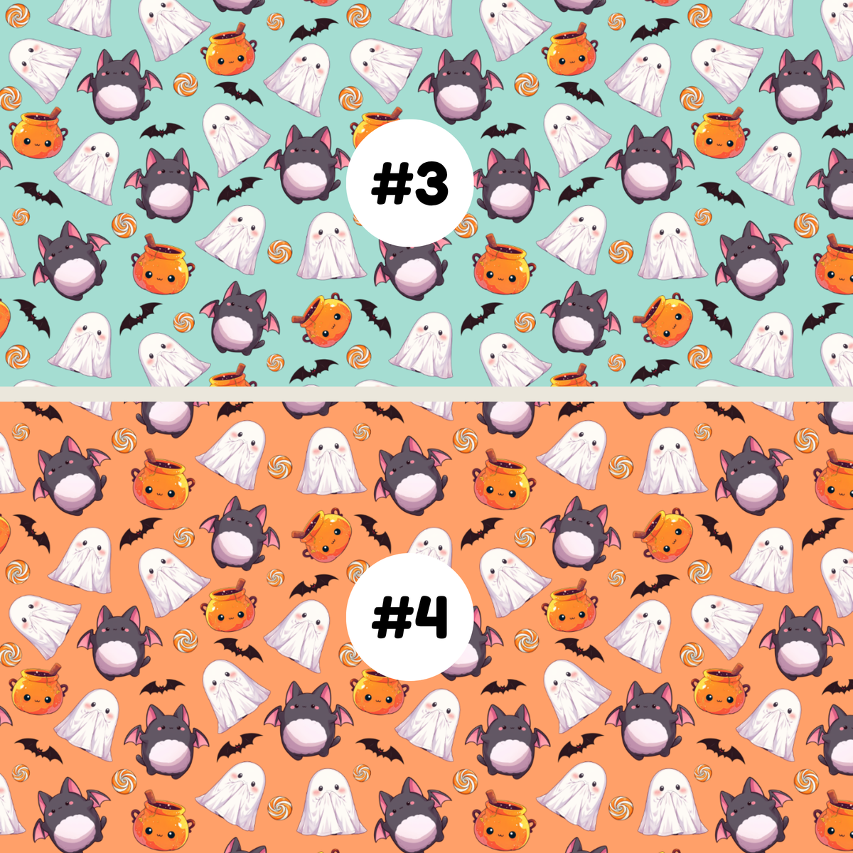 Two Halloween-themed repeating fabric or wallpaper patterns shown side by side, labeled #3 and #4. The top pattern #3 has a mint green  background with white ghosts, dark gray cats, orange pumpkins, black bats, and small orange swirls.
 The bottom pattern #4 has a orange background with white ghosts, dark gray cats, orange pumpkins, black bats, and small orange swirls.