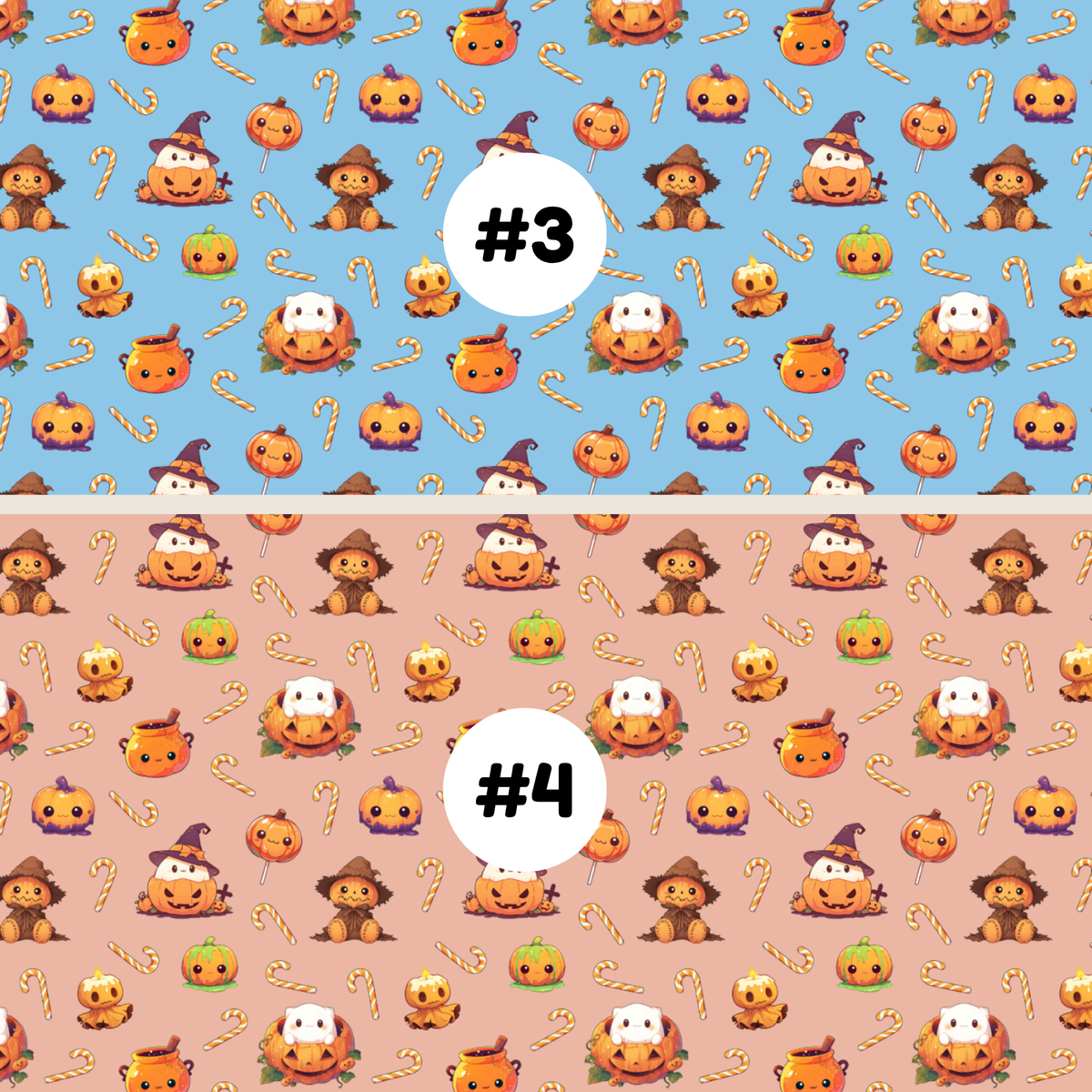Two Halloween-themed repeating pattern swatches labeled #3 and #4. The top swatch #3 has a blue background with orange pumpkins, candy canes, and witch hats.
The bottom swatch #4 has a peach background with orange pumpkins, candy canes, and witch hats.