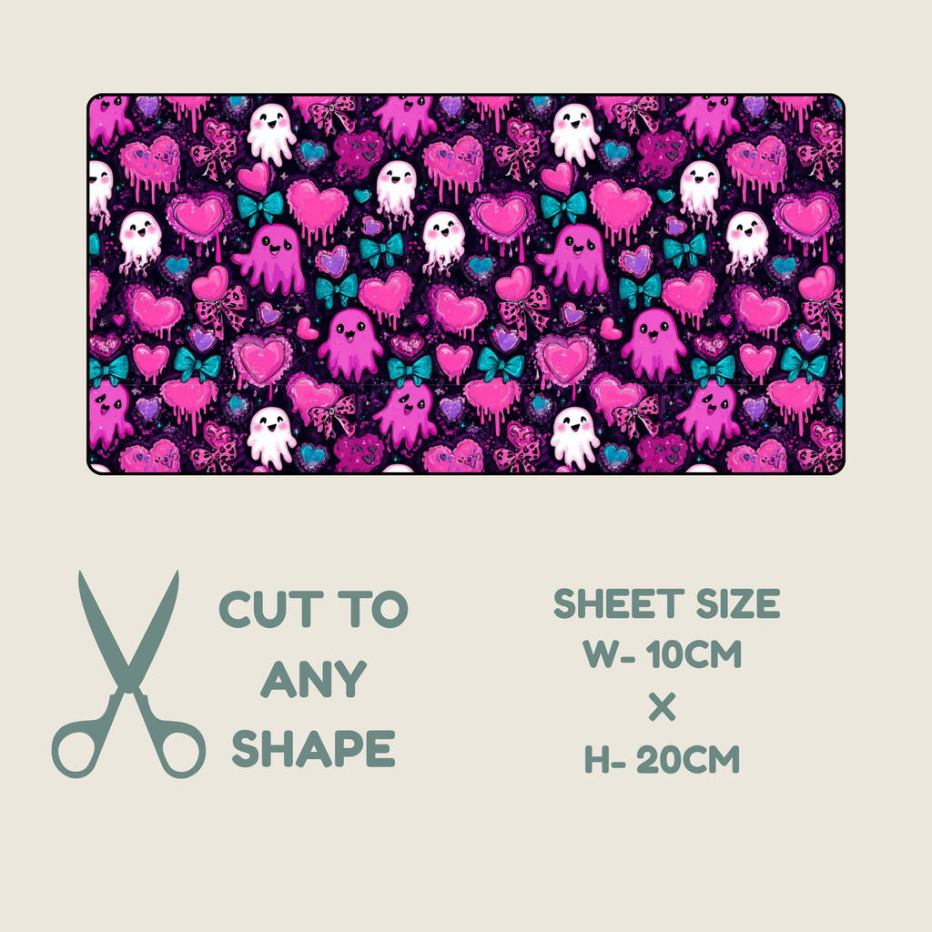 Tubie tape with a repeating pink, purple, white, and teal ghost and heart pattern, shown on a light beige background with text reading 'CUT TO ANY SHAPE' and 'SHEET SIZE W-10CM x H-20CM'.