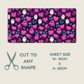 Tubie tape with a repeating pink, purple, white, and teal ghost and heart pattern, shown on a light beige background with text reading 'CUT TO ANY SHAPE' and 'SHEET SIZE W-10CM x H-20CM'.