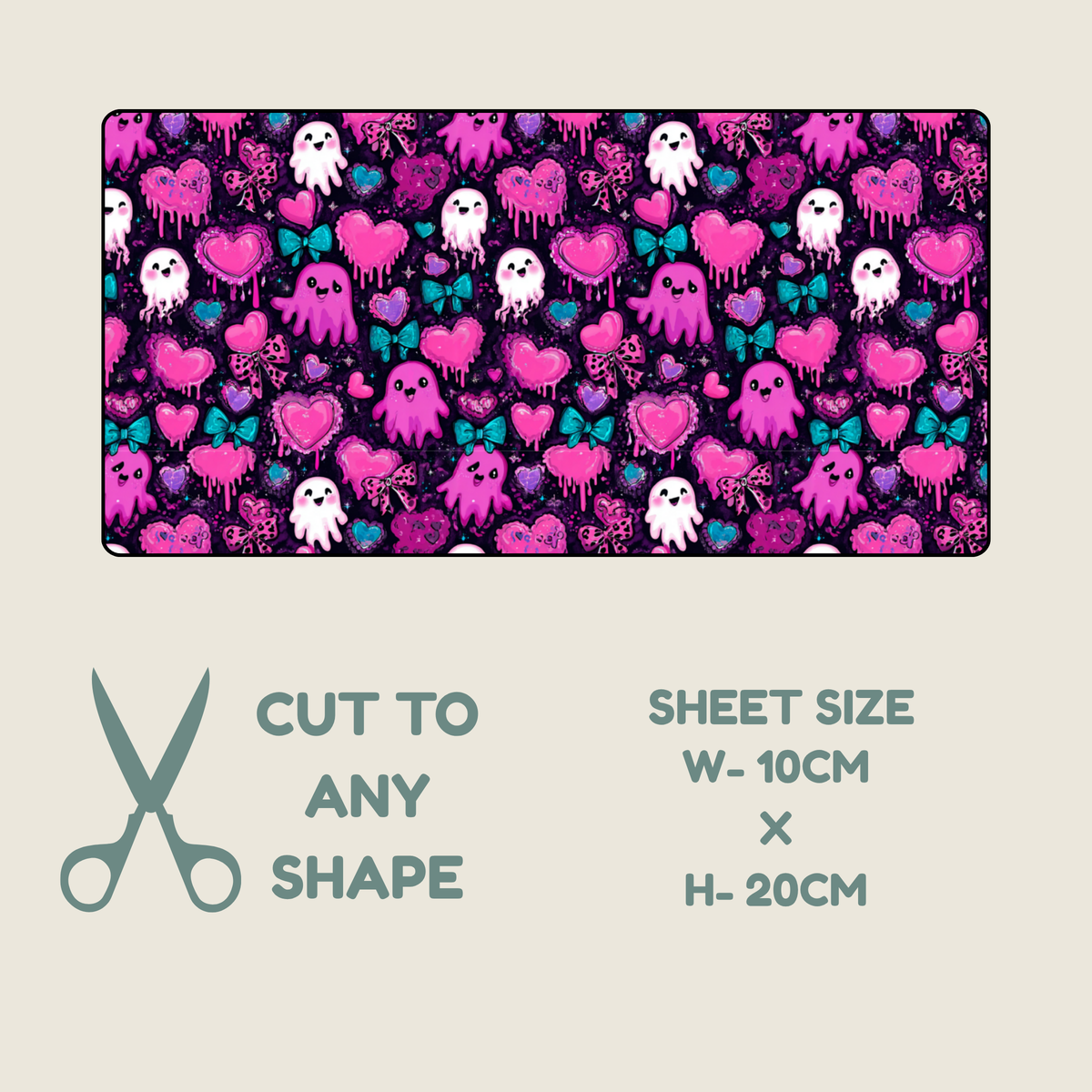 Tubie tape with a repeating pink, purple, white, and teal ghost and heart pattern, shown on a light beige background with text reading 'CUT TO ANY SHAPE' and 'SHEET SIZE W-10CM x H-20CM'.