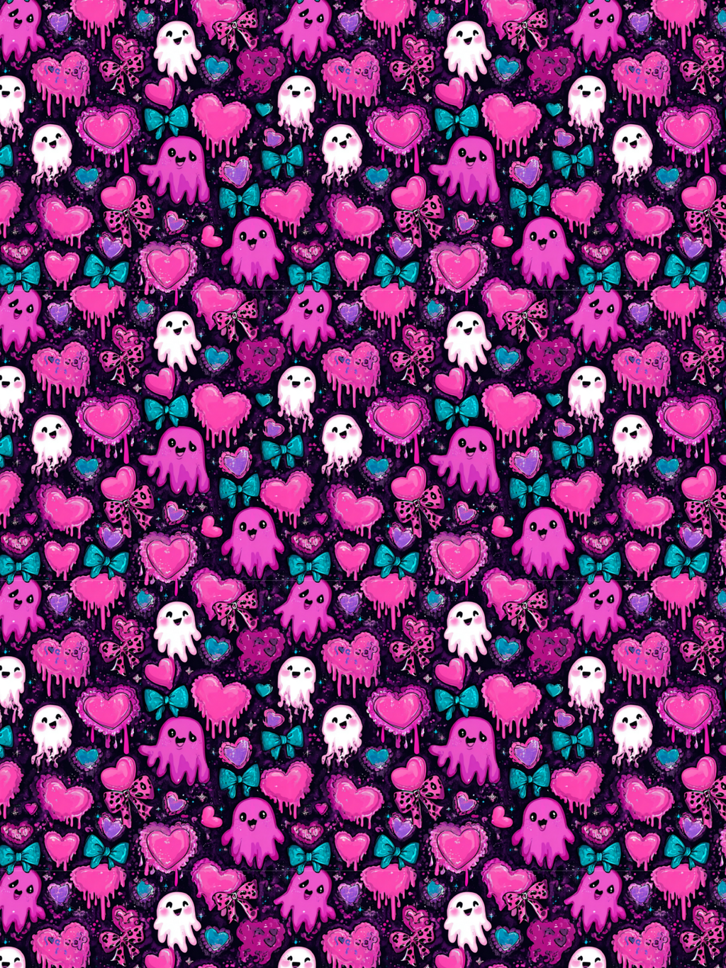  Tubie tape with a repeating pink, purple, white, and teal ghost and heart pattern, shown on a light beige background 