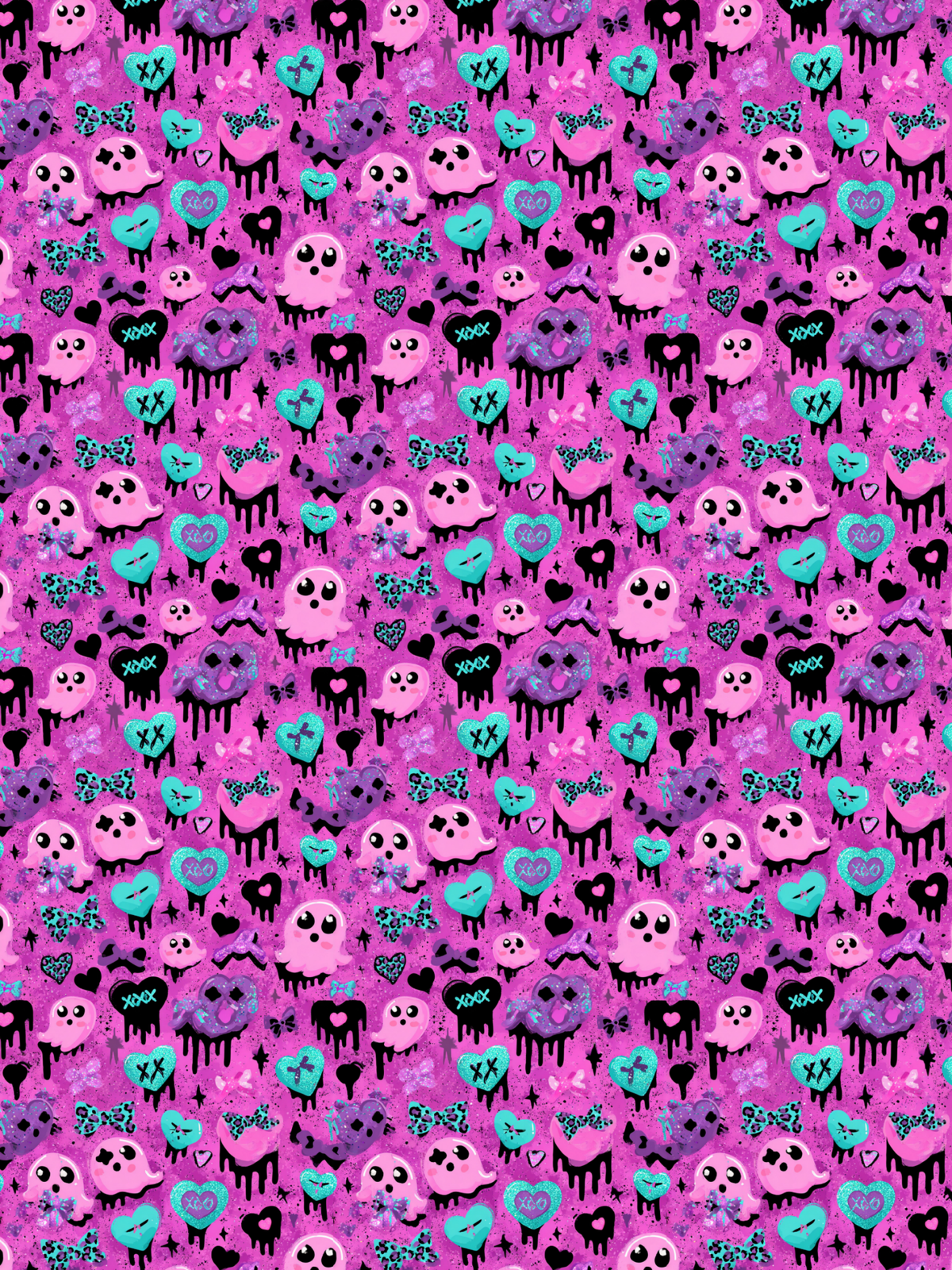 Tubie tape with a repeating gothic pattern featuring pink and purple dripping skulls, teal and purple hearts, and black splatters on a bright pink background.