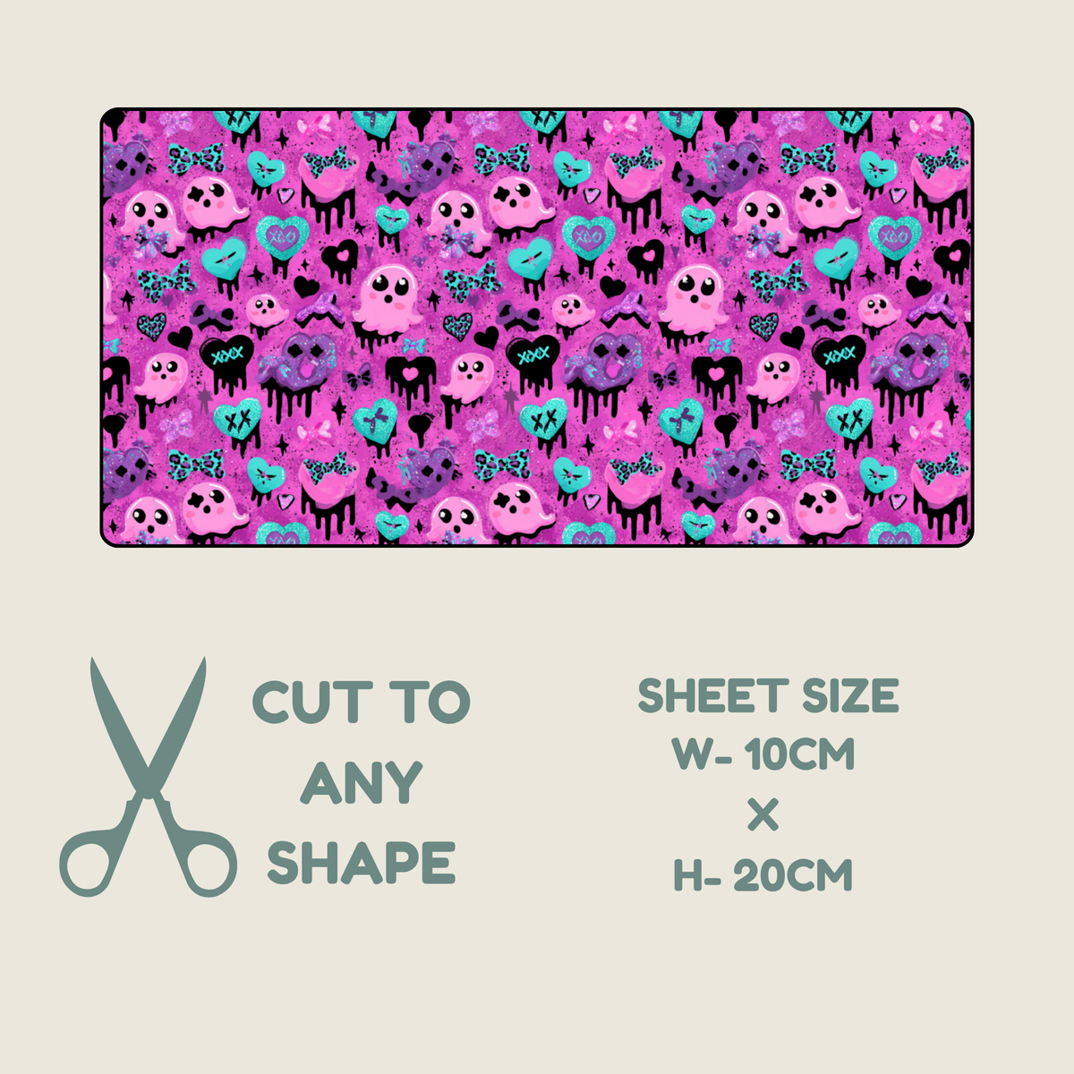 Tubie tape with a patterned material shown on a beige background, with text below reading 'CUT TO ANY SHAPE', 'SHEET SIZE W-10CM x H-20CM', and a scissors icon. The pattern is a repeating gothic design with pink, purple, black, and turquoise skulls, hearts, and splatter motifs.