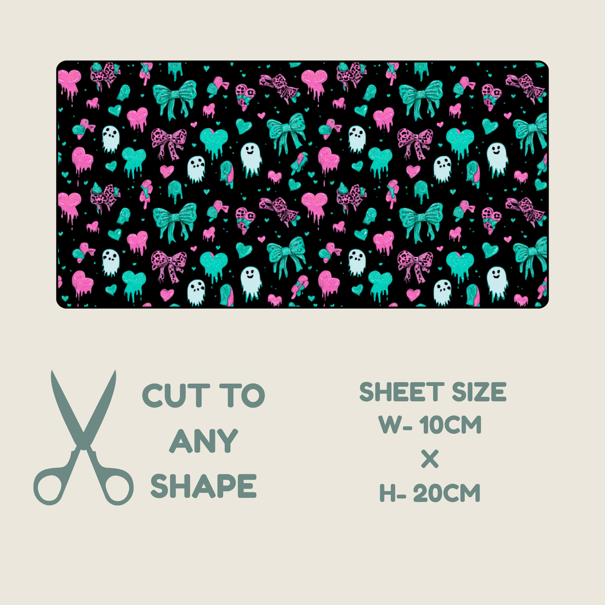 Tubie tape with a repeating ghost, bows and hearts in hot pinks and teal colours on a black background