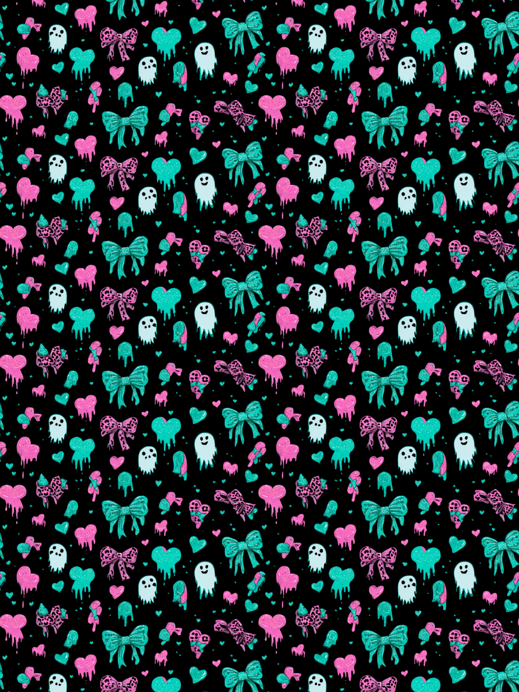 Tubie tape with a repeating Halloween-themed pattern on a black background, featuring pink and teal hearts, bows, ghosts, and spiderwebs in a dripping, hand-drawn style.