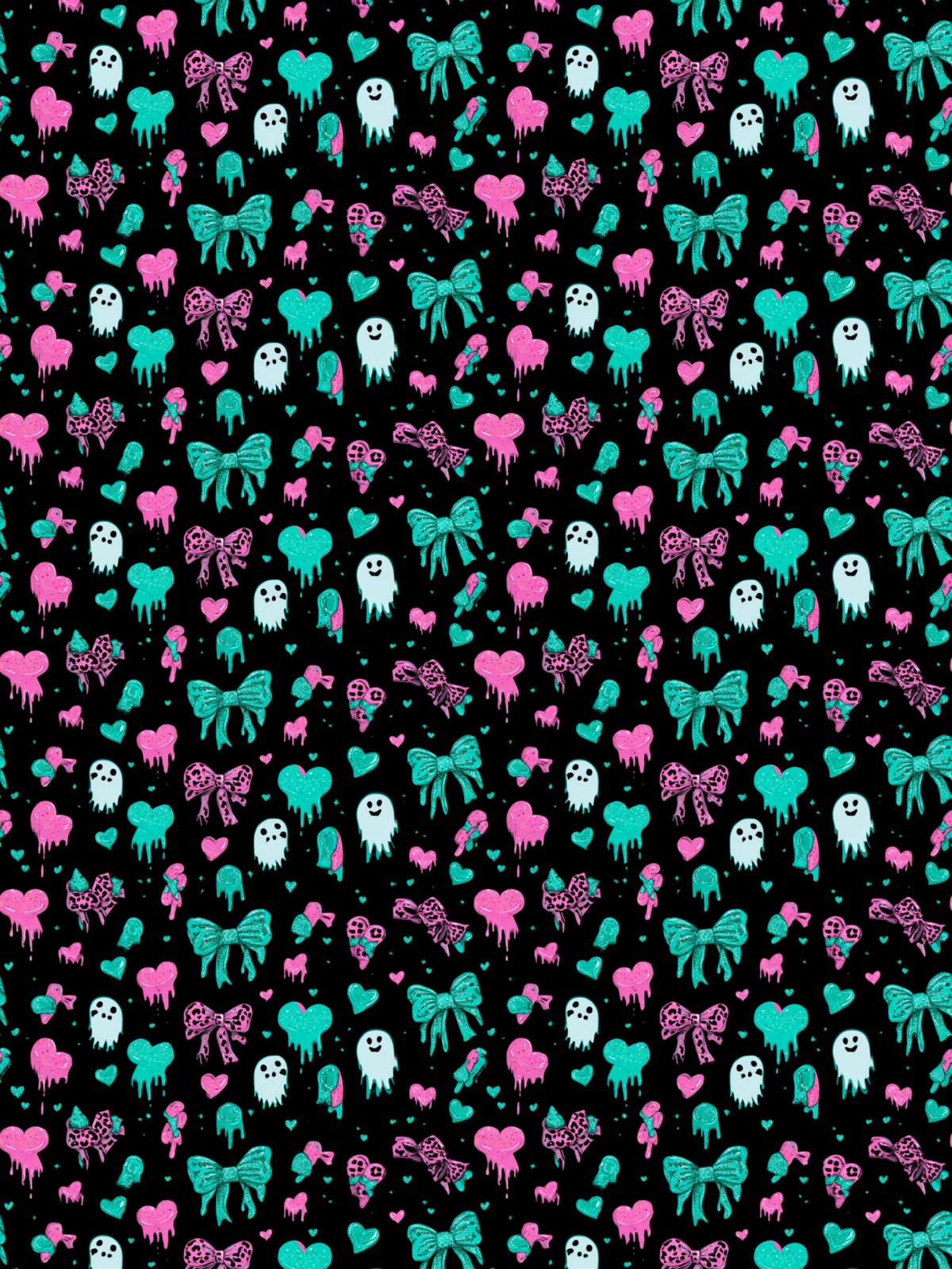 Tubie tape with a repeating Halloween-themed pattern on a black background, featuring pink and teal hearts, bows, ghosts, and spiderwebs in a dripping, hand-drawn style.