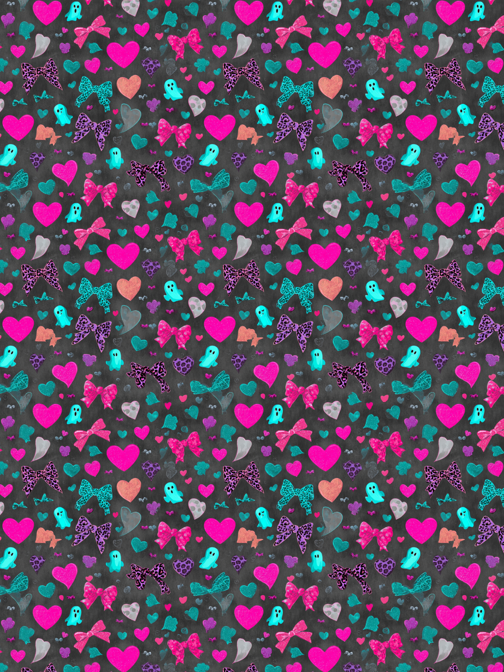Tubie tape with a repeating ghost, bows and hearts in hot pinks and teal colours on a black background