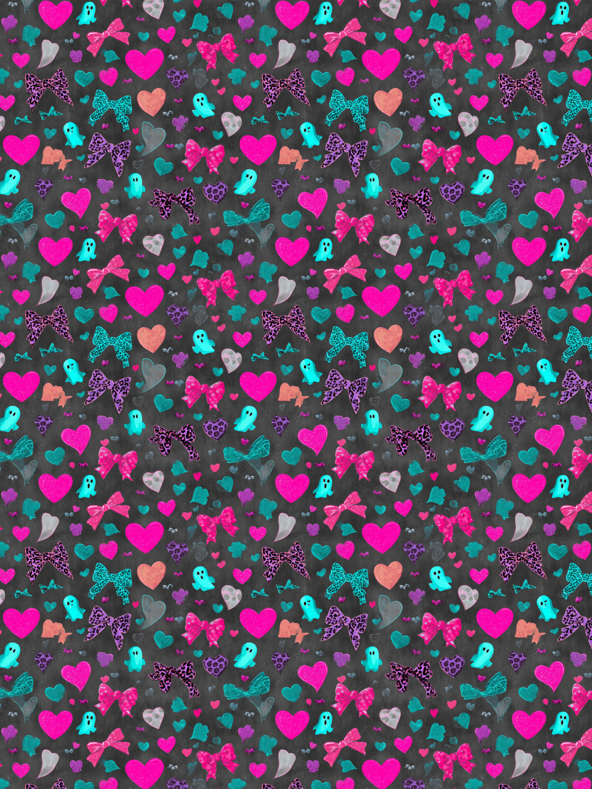 Tubie tape with a repeating ghost, bows and hearts in hot pinks and teal colours on a black background
