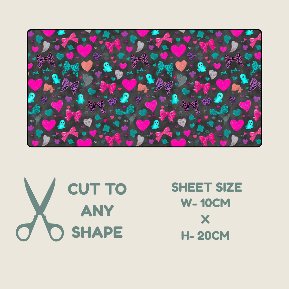Tubie tape with a repeating ghost, bows and hearts in hot pinks and teal colours on a black background