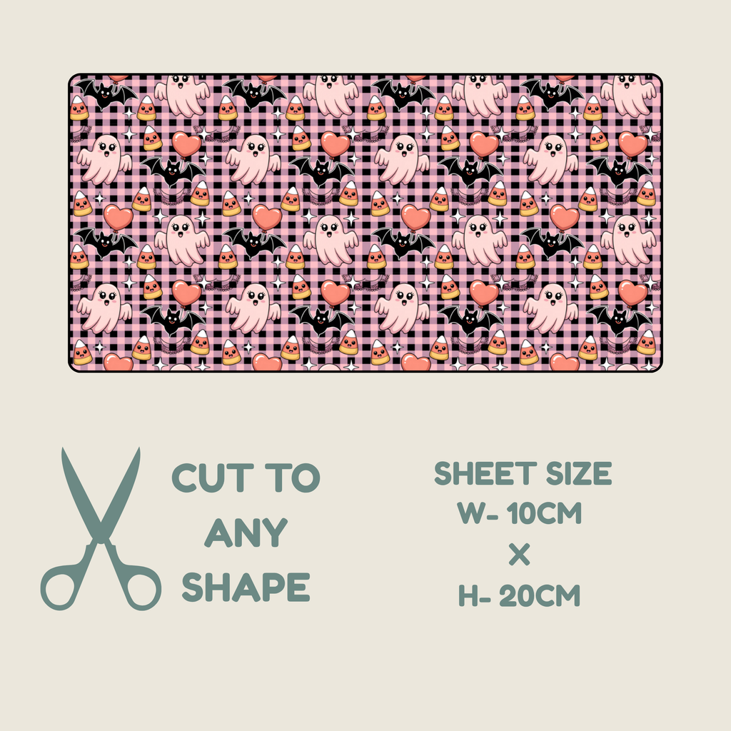 Tubie tape with a repeating ring of bats and ghosts on  pink and black checked background